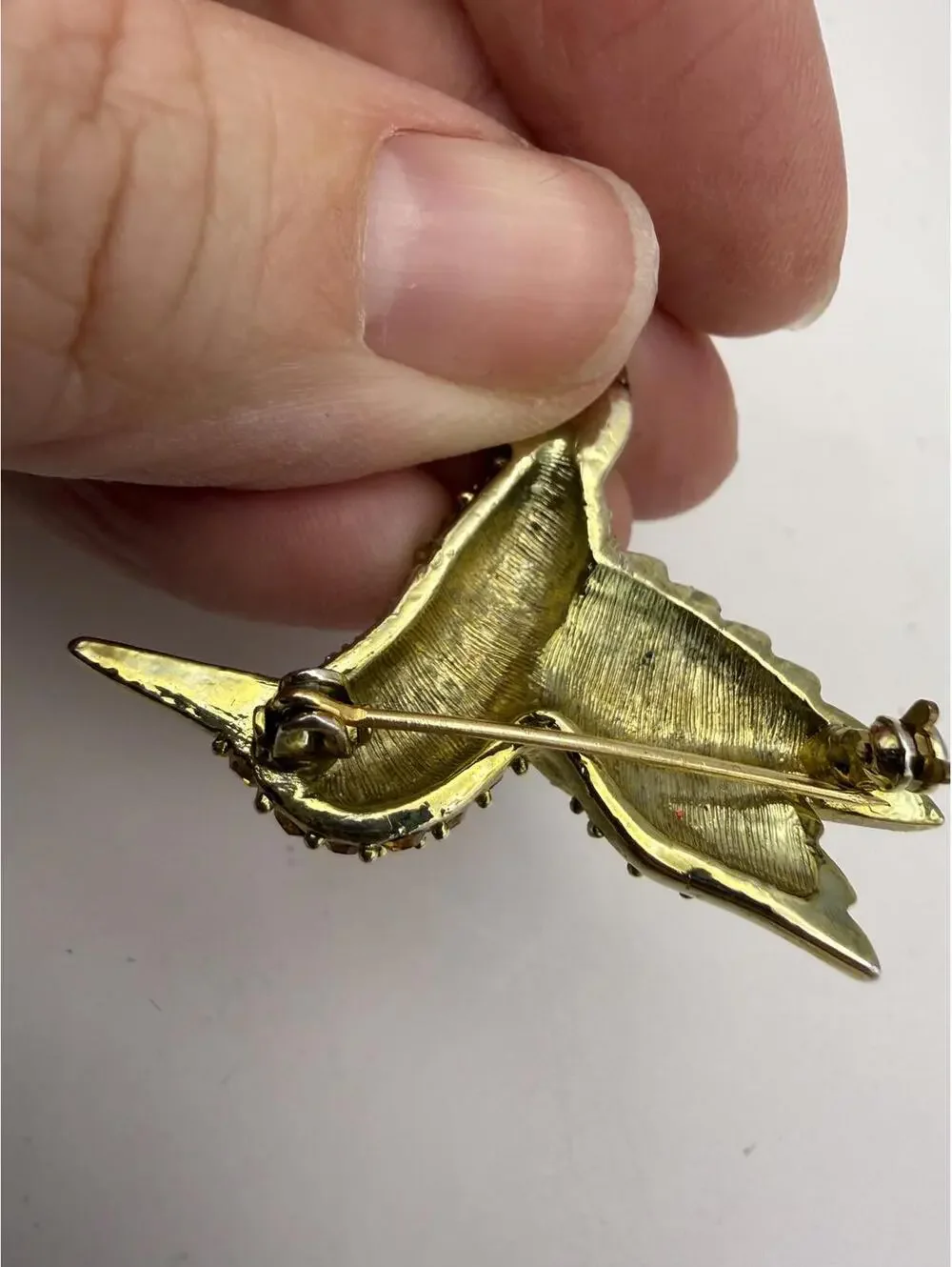 Vintage Hummingbird Brooch with Yellow and Clear Rhinestones